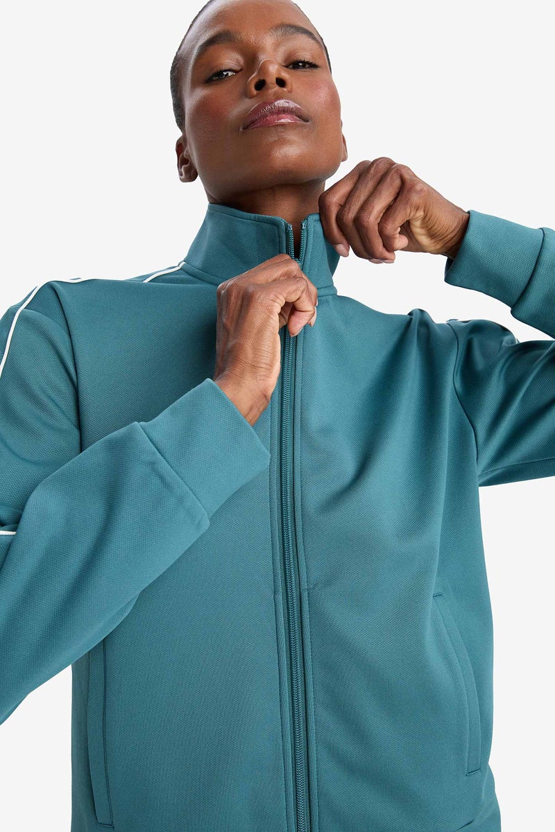 DeFacto Green Woman Standard Fit High Neck Soft Inside Zip-Up Sweatshirt Casual - Image 4